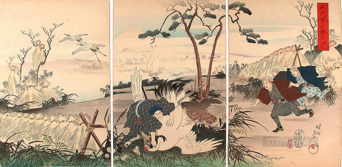 visita a la caza de la grulla 1898 Toyohara Chikanobu bijin okubi e Pintura al óleo